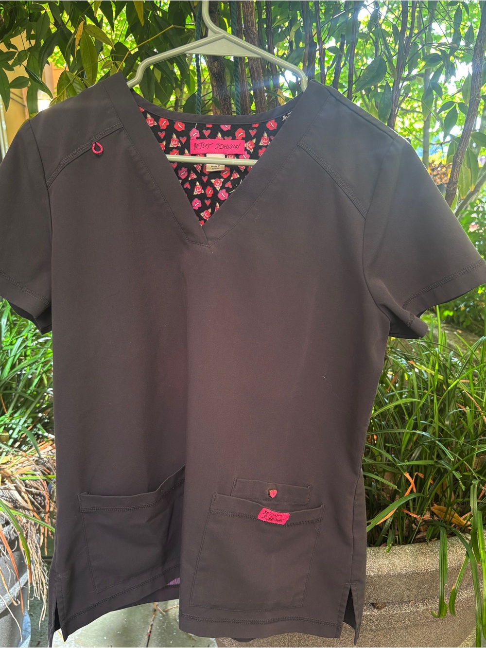 Betsey Johnson Charcoal Grey Scrub Top with Pink Heart Trim